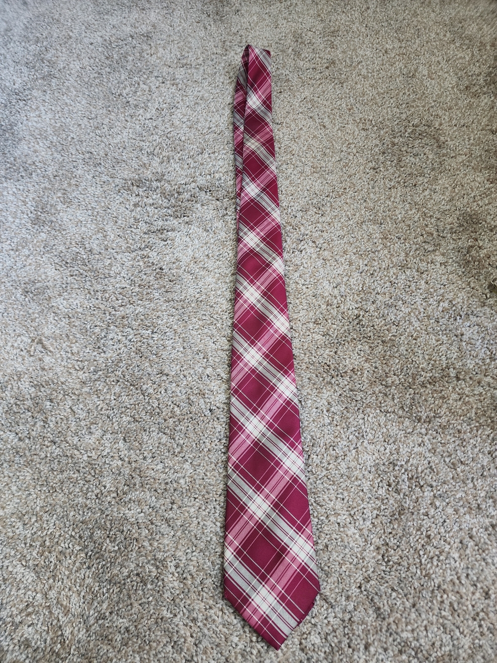 100% Silk Men's Burgundy/Hot Pink Plaid Necktie - Classic Pattern
